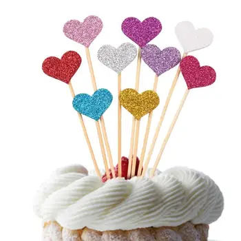 10 Szt. Kolorowe Błyszczące Serca Urodziny Ciasto Topper Impreza Ślub Jedzenie Wystrój