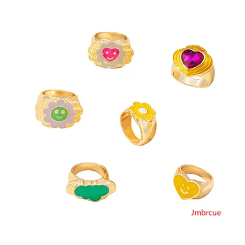 2021 koreańskie proste serce emotikon emalia grube pierścienie dla kobiet moda Kwiat chmura uśmiech twarz pierścień dziewczyna prezenty biżuteria