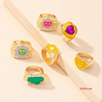 2021 koreańskie proste serce emotikon emalia grube pierścienie dla kobiet moda Kwiat chmura uśmiech twarz pierścień dziewczyna prezenty biżuteria