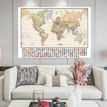 225*150 cm Światowa Mapa Polityczna z Narodowymi Flagami, Vintage Włóknina Płótno Malarstwo Ogromny Plakat Szkolne Wystrój Domu