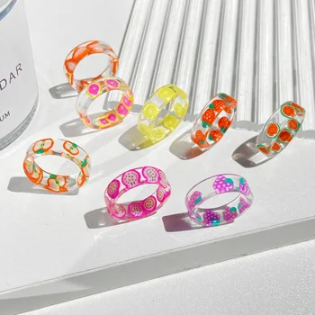 Korea Moda Świeże Owoce Przezroczysta Żywica Akrylowe Pierścień dla Kobiet Dziewczyny Nowy Projekt Truskawka Cytryna Palec Letnie Biżuteria Prezent