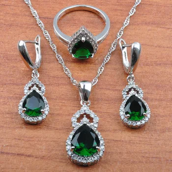 Rosyjski Styl Ślubny Zestaw Biżuterii Dla Kobiet Kolor Srebrny Kryształ Naszyjnik Kolczyki Pierścień Dubai Biżuteria Moda JS0324