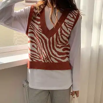 V-dekolt w Kształcie Kamizelka Kobiety Nowy Koreański Moda Zebra Wzór bez rękawów Sweter Kamizelka dla Odzieży Wiosna Jesień 2021